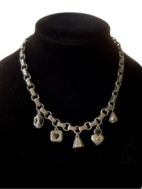 Brighton Silver-Tone Charm Necklace w/ Heart & Onyx Charms- Silver Scroll Chain